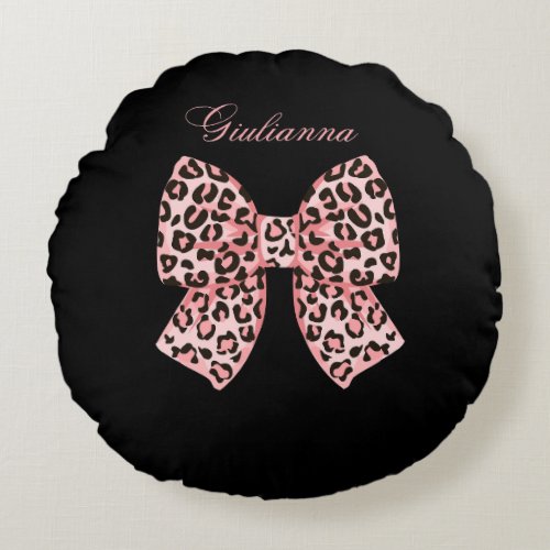 Personalized Pink Leopard Bow Round Pillow