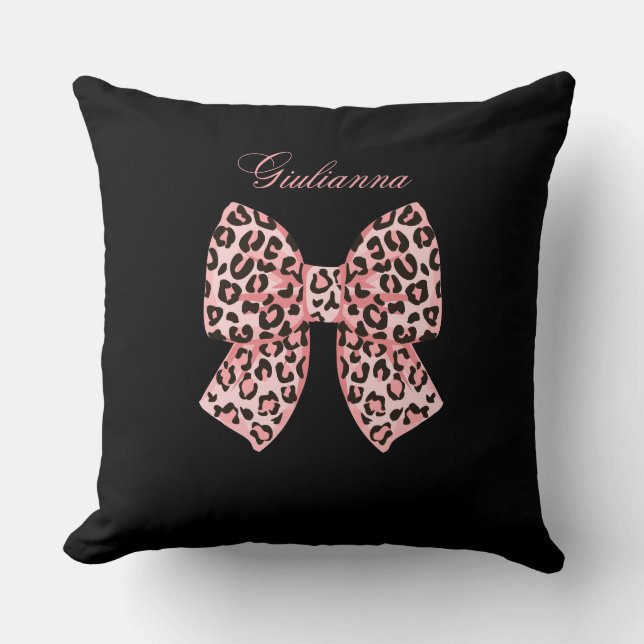 Personalized Pink Leopard Bow Square Pillow  (Front)