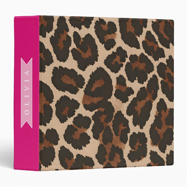 Personalized Pink Leopard Print Chic Animal Print 3 Ring Binder (Front/Spine)