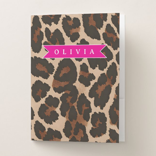 Personalized Pink Leopard Print Chic Animal Print Pocket Folder (Front)