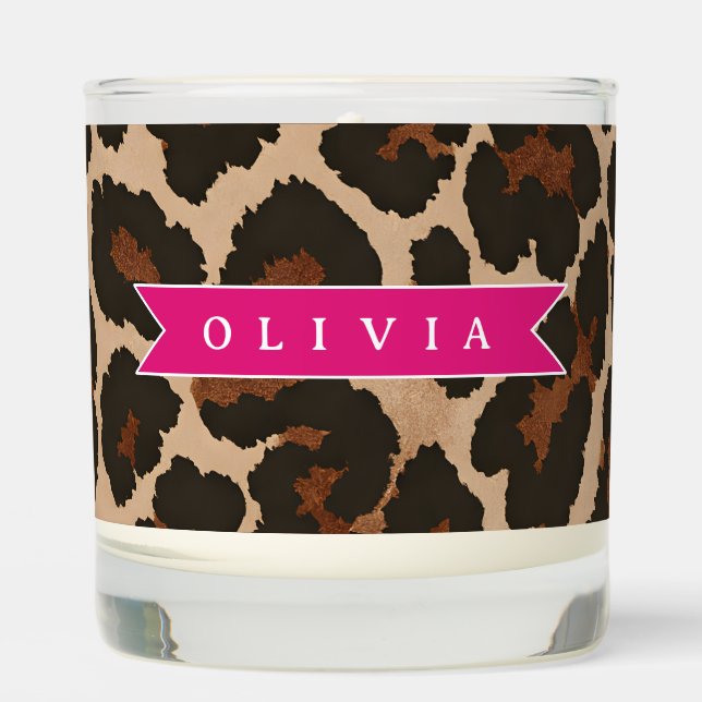Personalized Pink Leopard Print Chic Animal Print Scented Candle (Front)