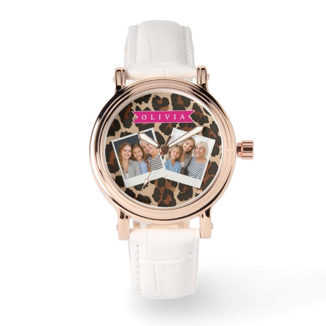Personalized Pink Leopard Print Chic Animal Print Watch (Front)
