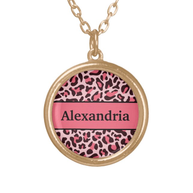 Personalized Pink Leopard Print Jewelry Necklace (Front)