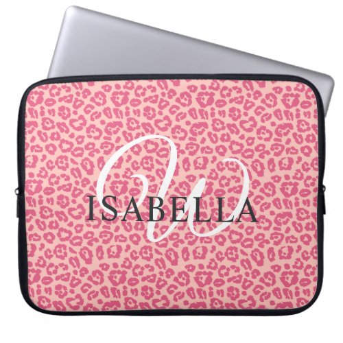 Personalized Pink Leopard Print Name Monogram Laptop Sleeve