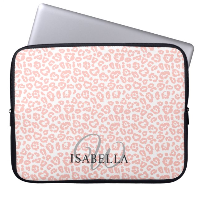 Personalized Pink Leopard Print Name Monogram Laptop Sleeve (Front)