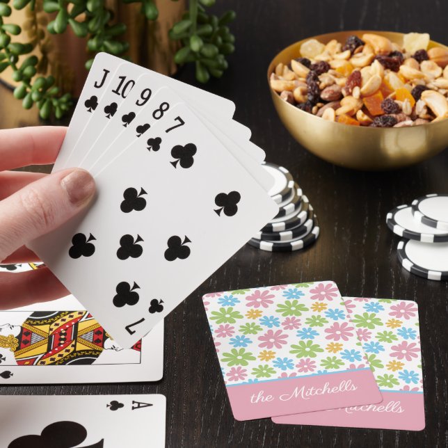 Personalized Pink Lime Green Blue Flower Art Poker Cards (In Situ)