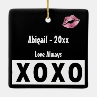 Personalized Pink Lipstick Kisses XOXO Christmas Ceramic Ornament