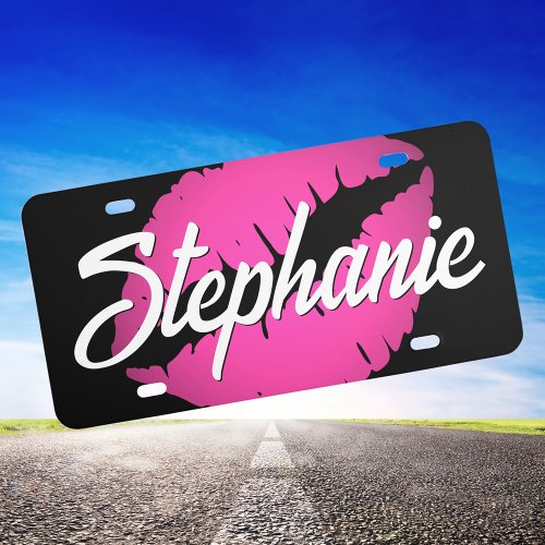 Personalized Pink Lipstick White and Black License Plate