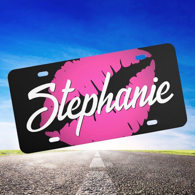 Personalized Pink Lipstick White and Black License Plate (Create your own personalized pink lips decorative license plate.)