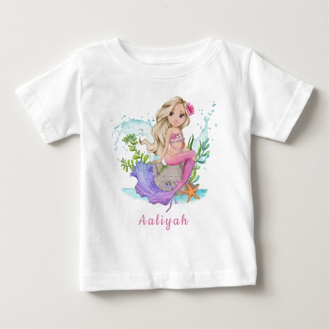 Personalized Pink Little Blond Mermaid Baby T-Shirt (Front)