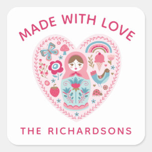 Personalized Pink Made With Love Square Sticker