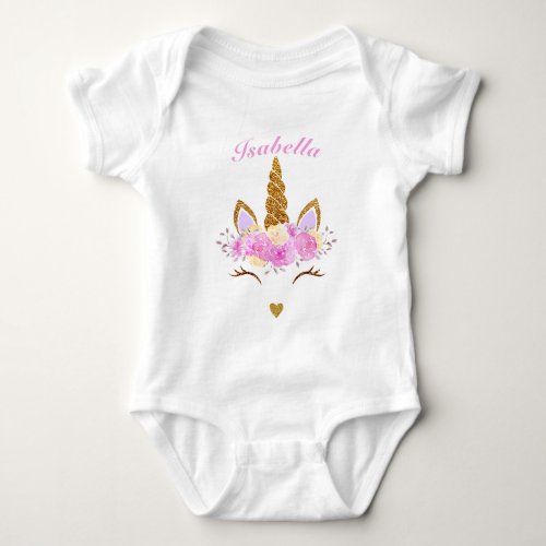 Personalized Pink Magical Glittered Floral Unicorn Baby Bodysuit