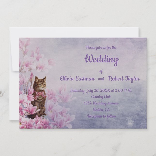 Personalized pink magnolia and cat wedding invitation (Front)