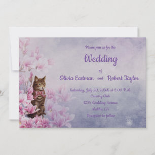 Personalized pink magnolia and cat wedding invitation