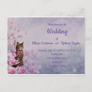 Personalized pink magnolia and cat wedding postcard