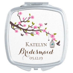 Personalized Pink Magnolia Branch Bridesmaid Gift Compact Mirror