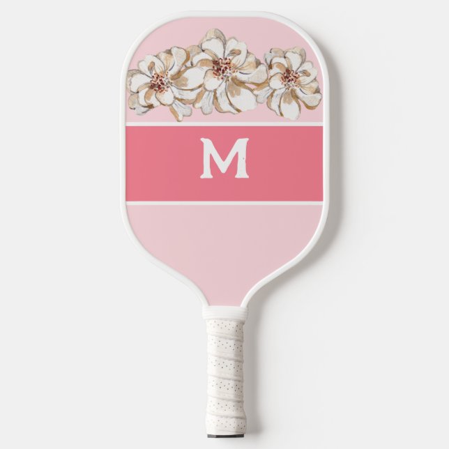 Personalized Pink Magnolia Monogrammed  Pickleball Paddle (Front)