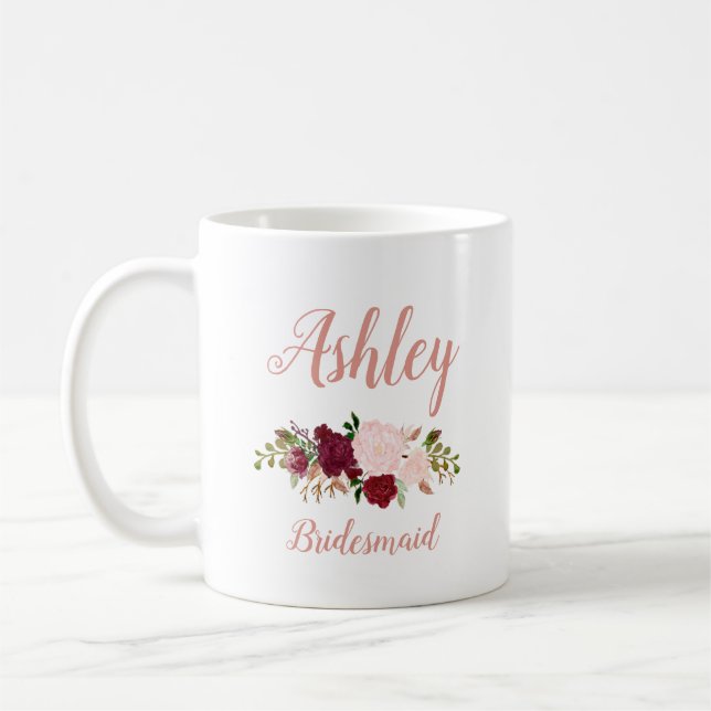 Personalized Pink Marsala Floral Bridesmaid Coffee Mug (Left)