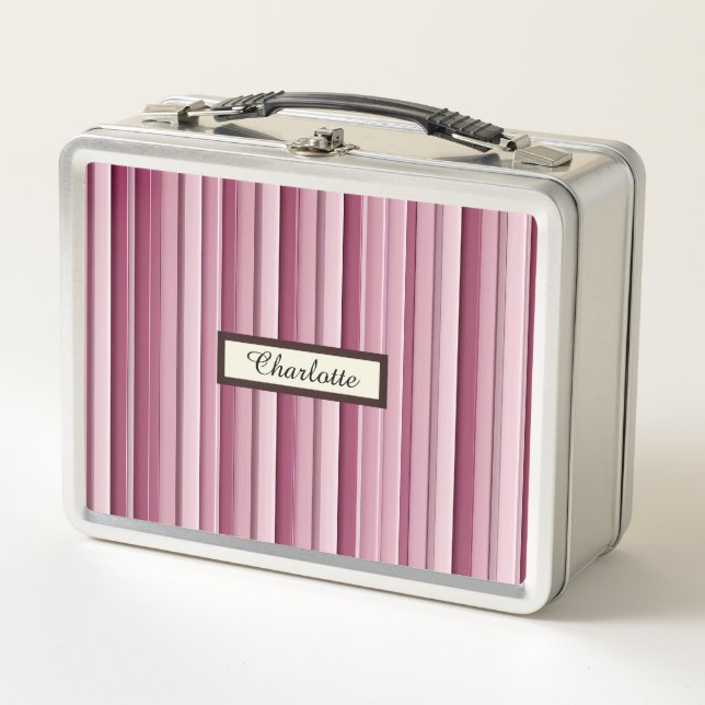 Personalized Pink Mauve Stripes Metal Lunch Box (Front)