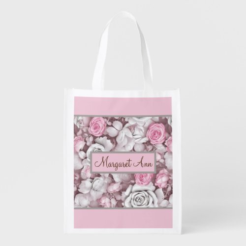 Personalized Pink  Mauve Vintage Rose Pattern  Grocery Bag
