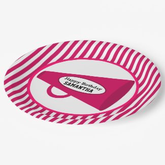 Personalized Pink Megaphone And Pink Stripes Paper Plate