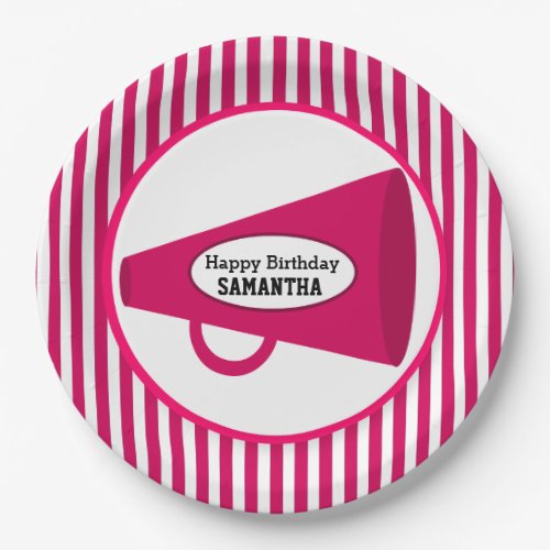 Personalized Pink Megaphone And Pink Stripes Paper Plates