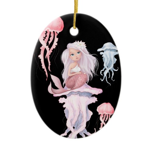 Personalized Pink Mermaid and Jellyfish Christmas Ceramic Ornament
