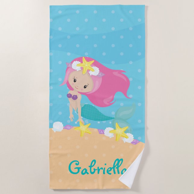 Personalized Pink Mermaid Beach Towel (Front)
