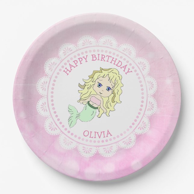 Personalized Pink Mermaid Birthday Plates (Front)