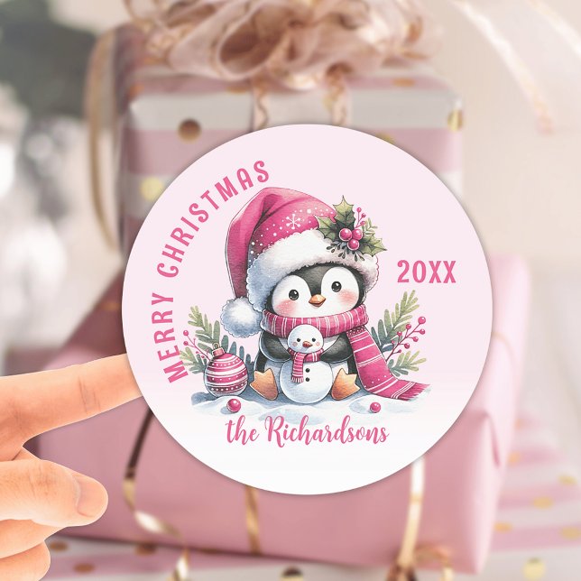 Personalized Pink Merry Christmas Cute Penguin Classic Round Sticker (Creator Uploaded)