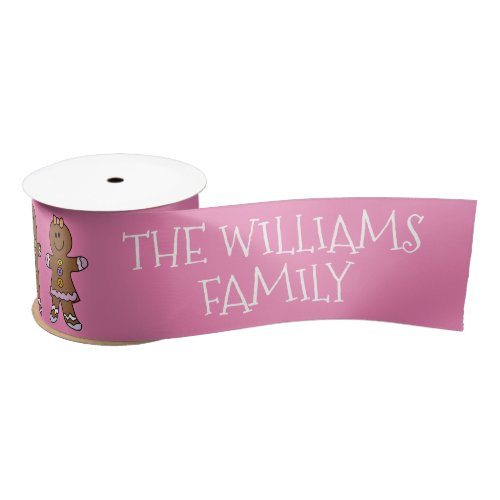 Personalized Pink Merry Christmas Gingerbread Man  Satin Ribbon