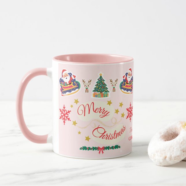 Personalized Pink Merry Christmas Santa Sleigh Mug (With Donut)