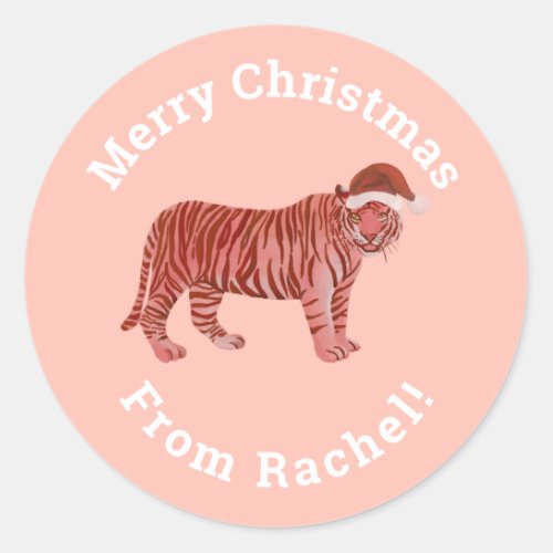 Personalized Pink Merry Christmas Santa Tiger Classic Round Sticker