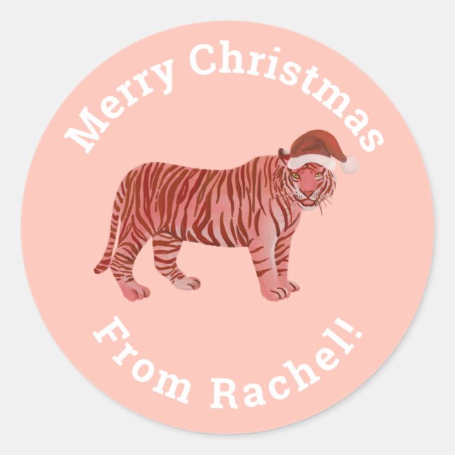 Personalized Pink Merry Christmas Santa Tiger Classic Round Sticker (Front)