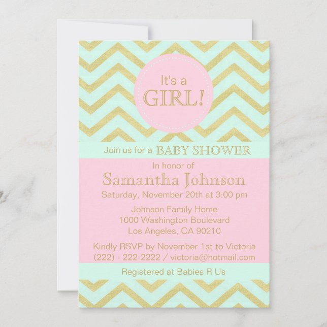 Personalized Pink Mint Green Gold Baby Shower Girl Invitation (Front)
