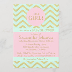 Personalized Pink Mint Green Gold Baby Shower Girl Invitation