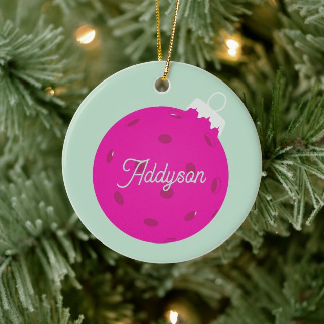 Personalized Pink Mint Green Pickleball Christmas Ceramic Ornament (Tree)