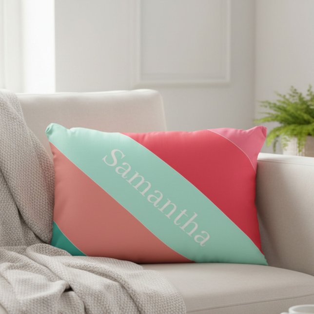 Personalized Pink & Mint Striped Color Block Accen Accent Pillow (Creator Uploaded)