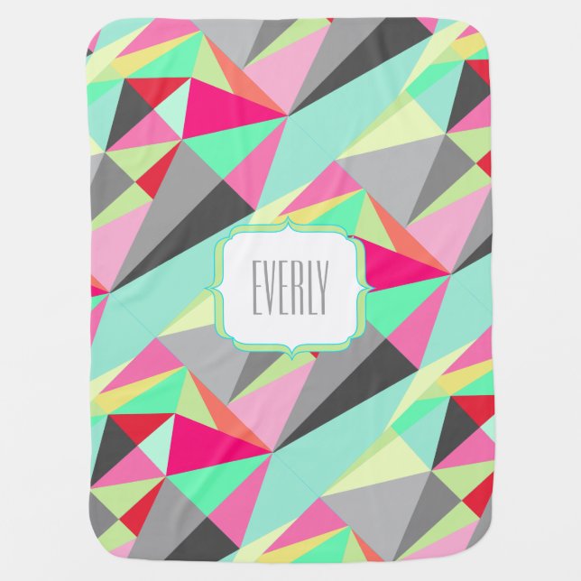 Personalized Pink Mint Yellow Triangle Pattern Stroller Blanket (Front)