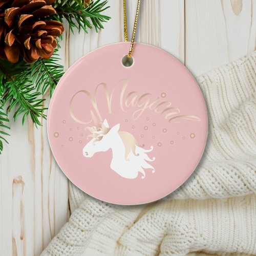 Personalized Pink Modern Magical Unicorn Ceramic Ornament