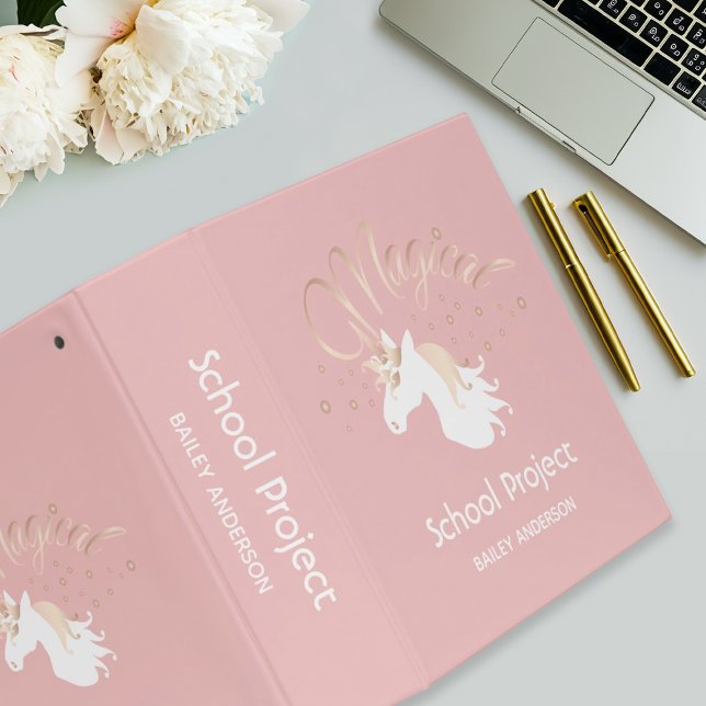 Personalized Pink Modern Magical Unicorn Kids 3 Ring Binder (Creator Uploaded)