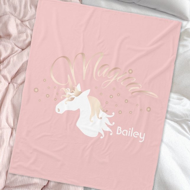 Personalized Pink Modern Magical Unicorn Kids Fleece Blanket (Creator Uploaded)