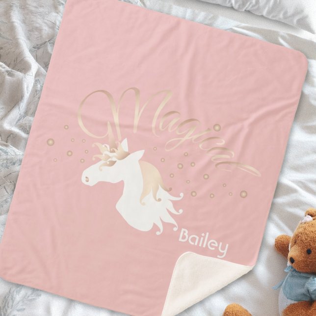 Personalized Pink Modern Magical Unicorn Sherpa Blanket (Creator Uploaded)