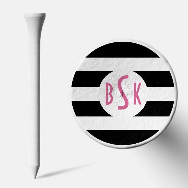 Personalized pink monogram black and white stripe golf tees (Combo)