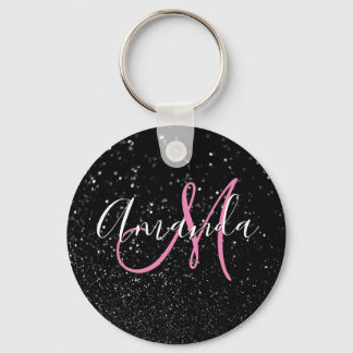 Personalized Pink Monogram Faux Black Glitter Keychain