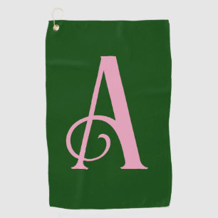 Personalized Pink Monogram Initial on Dark Green Golf Towel