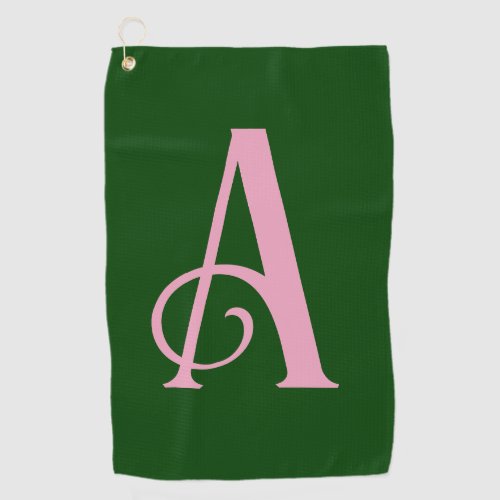 Personalized Pink Monogram Initial on Dark Green Golf Towel