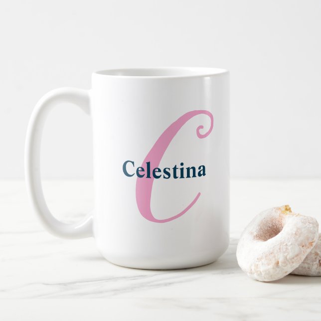 Personalized Pink Monogram Letter C Custom Name Coffee Mug (With Donut)