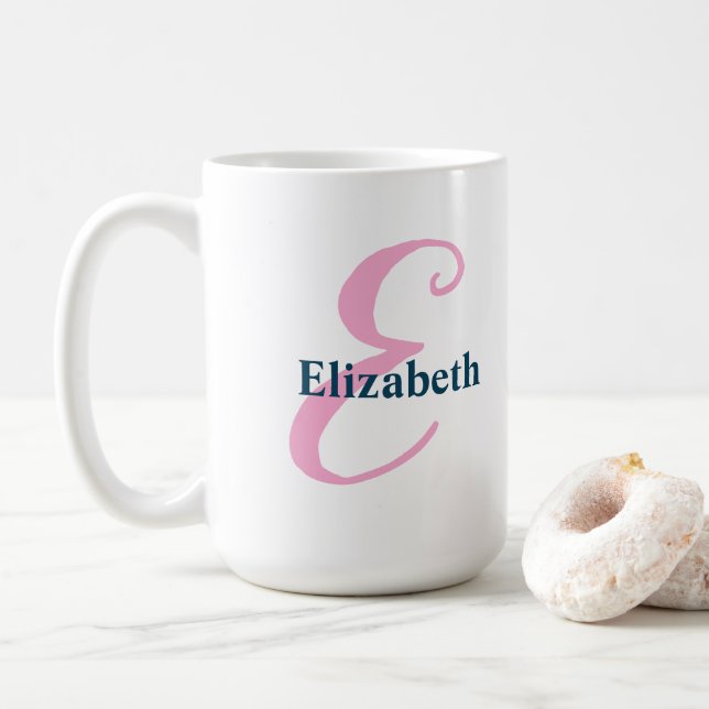 Personalized Pink Monogram Letter E Custom Name  Coffee Mug (With Donut)