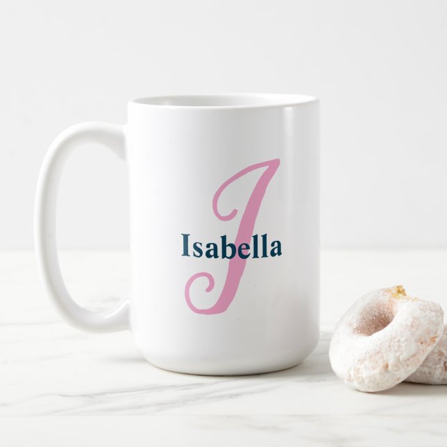 Personalized Pink Monogram Letter I Custom Name Coffee Mug (With Donut)